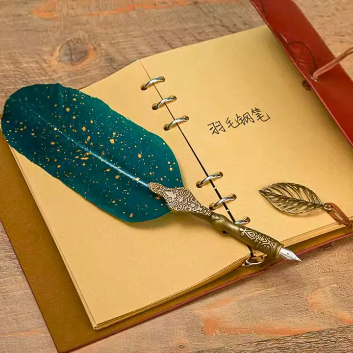 Zestaw Kaligraficzny Vintage Z Notesem I Zielonym Piórem