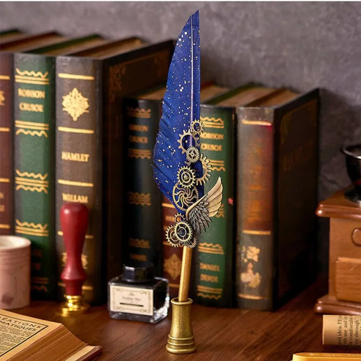 Zestaw Kaligraficzny Vintage Z Piórem Niebieskim I Akcesoriami