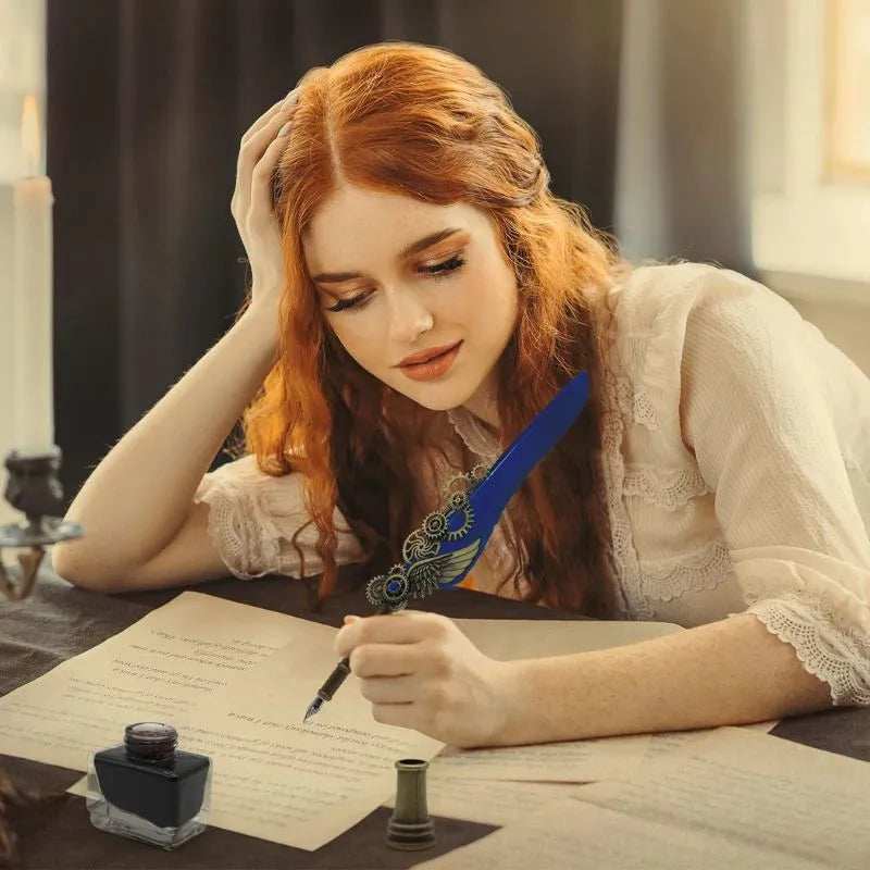 Zestaw Kaligraficzny Vintage Z Piórem Niebieskim I Akcesoriami