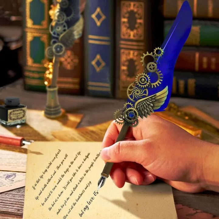 Zestaw Kaligraficzny Vintage Z Piórem Niebieskim I Akcesoriami