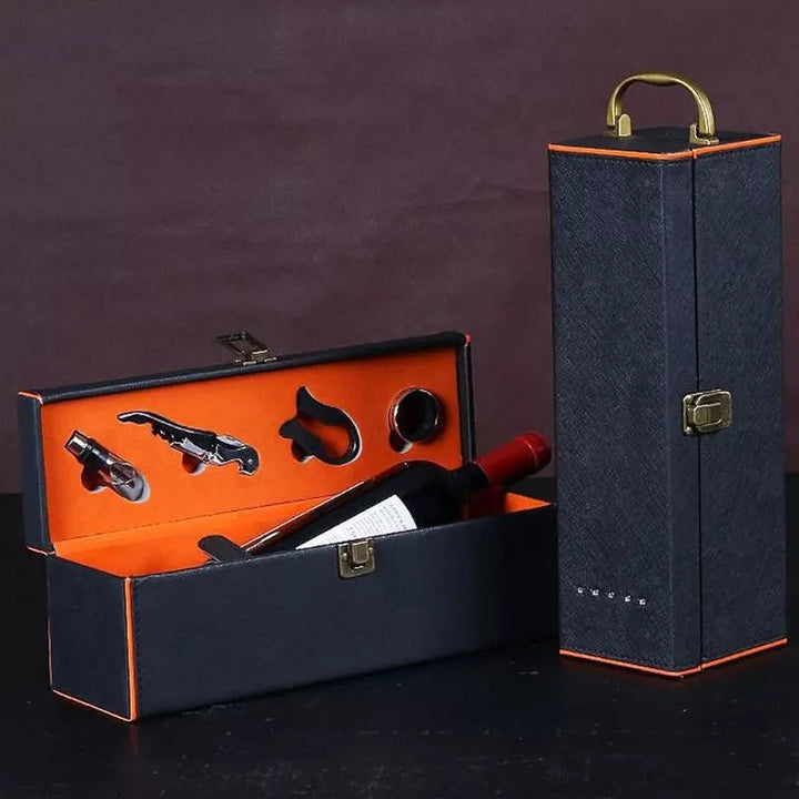 Pudełko na wino Deluxe na 1 butelkę z akcesoriami w zestawie wnętrze pomarańczowe