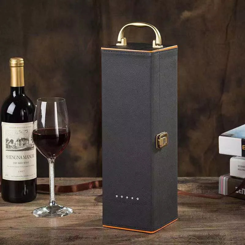 Pudełko na wino Deluxe na 1 butelkę z akcesoriami w zestawie wnętrze pomarańczowe