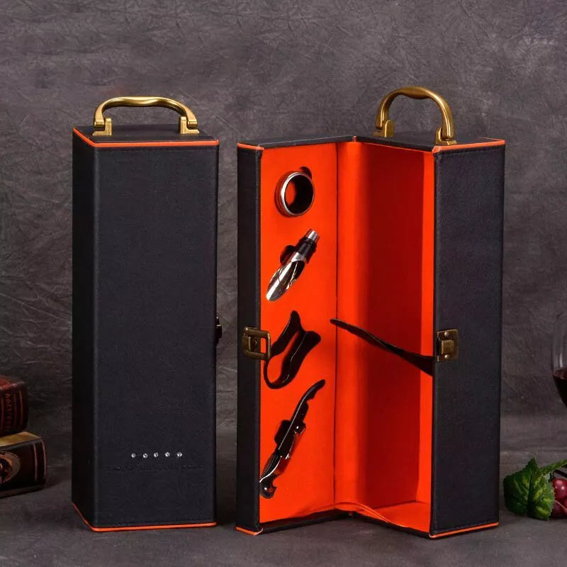 Pudełko na wino Deluxe na 1 butelkę z akcesoriami w zestawie wnętrze pomarańczowe