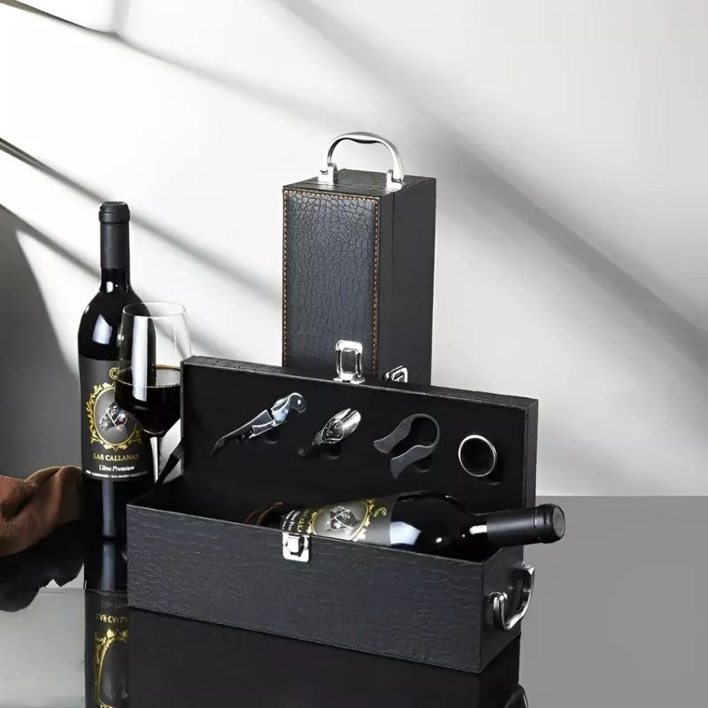 Luksusowa skrzynka na wino 1 butelka z akcesoriami skóra ekologiczna krokodyl